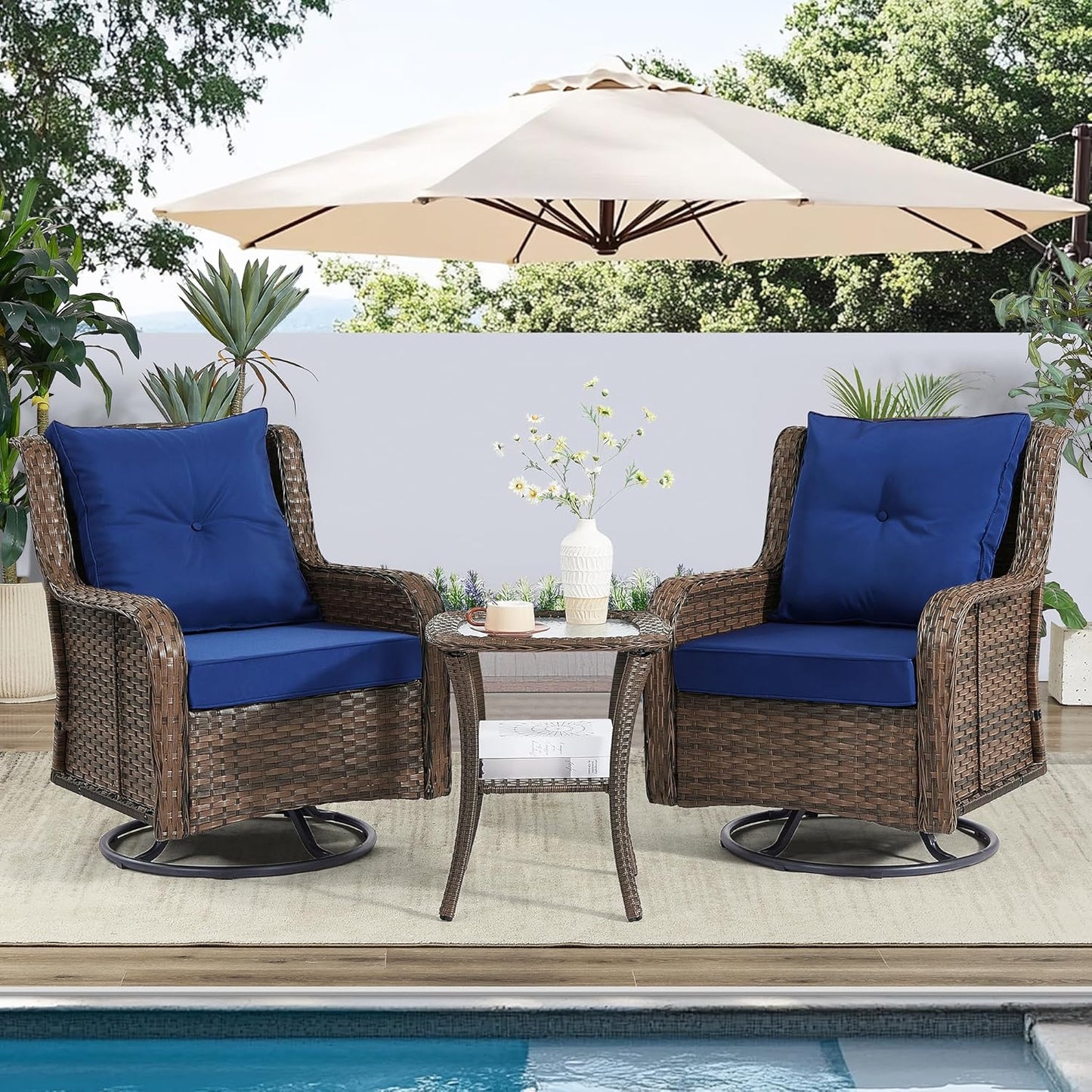 Patio Furniture Sets, 3 Pieces Wicker Outdoor Furniture - 360 Degree Swivel Rocking Chairs and Rattan Side Table for Garden,Porch,Backyard (Brown Wicker/Blue Cushion, 3PCS - Swivel Chairs)