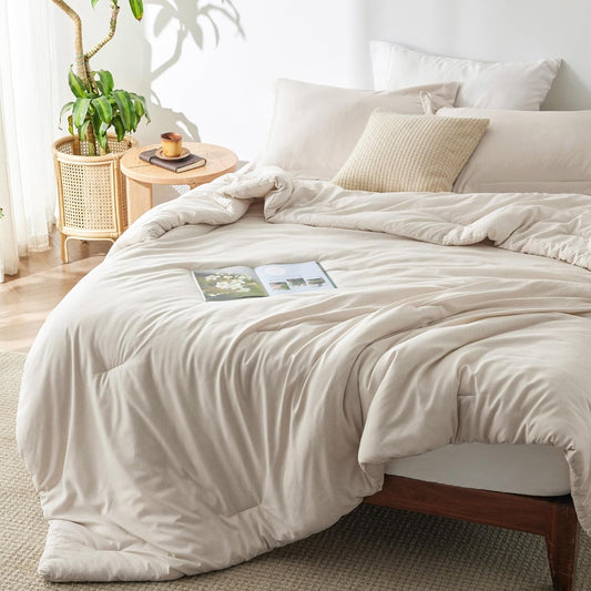 Bedsure King Size Comforter Set - Beige King Comforter Set, Soft Bedding for All Seasons, Cationic Dyed Bedding Set, 3 Pieces, 1 Comforter (104"X90") and 2 Pillow Shams (20"X36"+2")