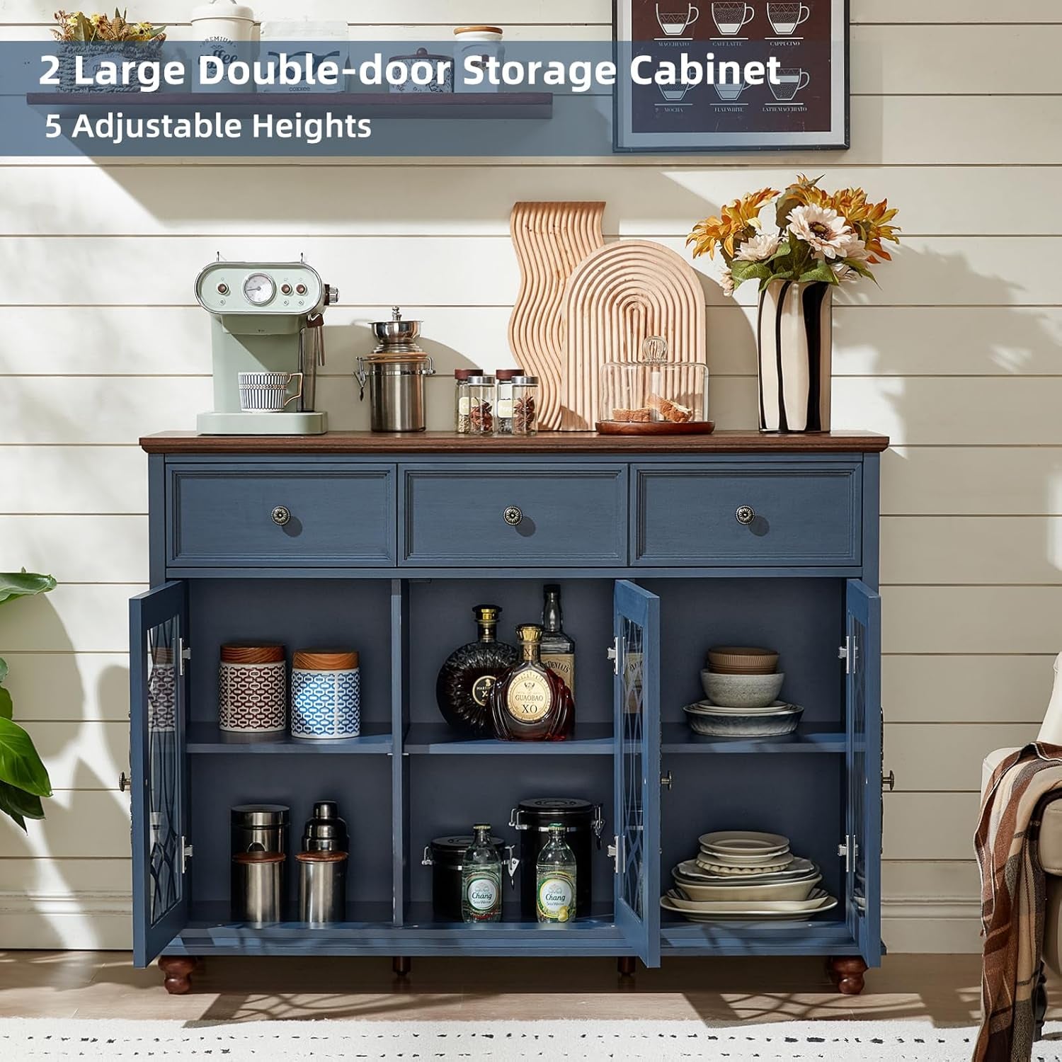 Farmhouse Sideboard Buffet Cabinet with Storage,48" Large Credenza with 3 Glass Doors & 3 Drawers,Adjustable Shelves Console Table,Wood Kitchen Coffee Bar for Dining Room,Living Room,Navy Blue