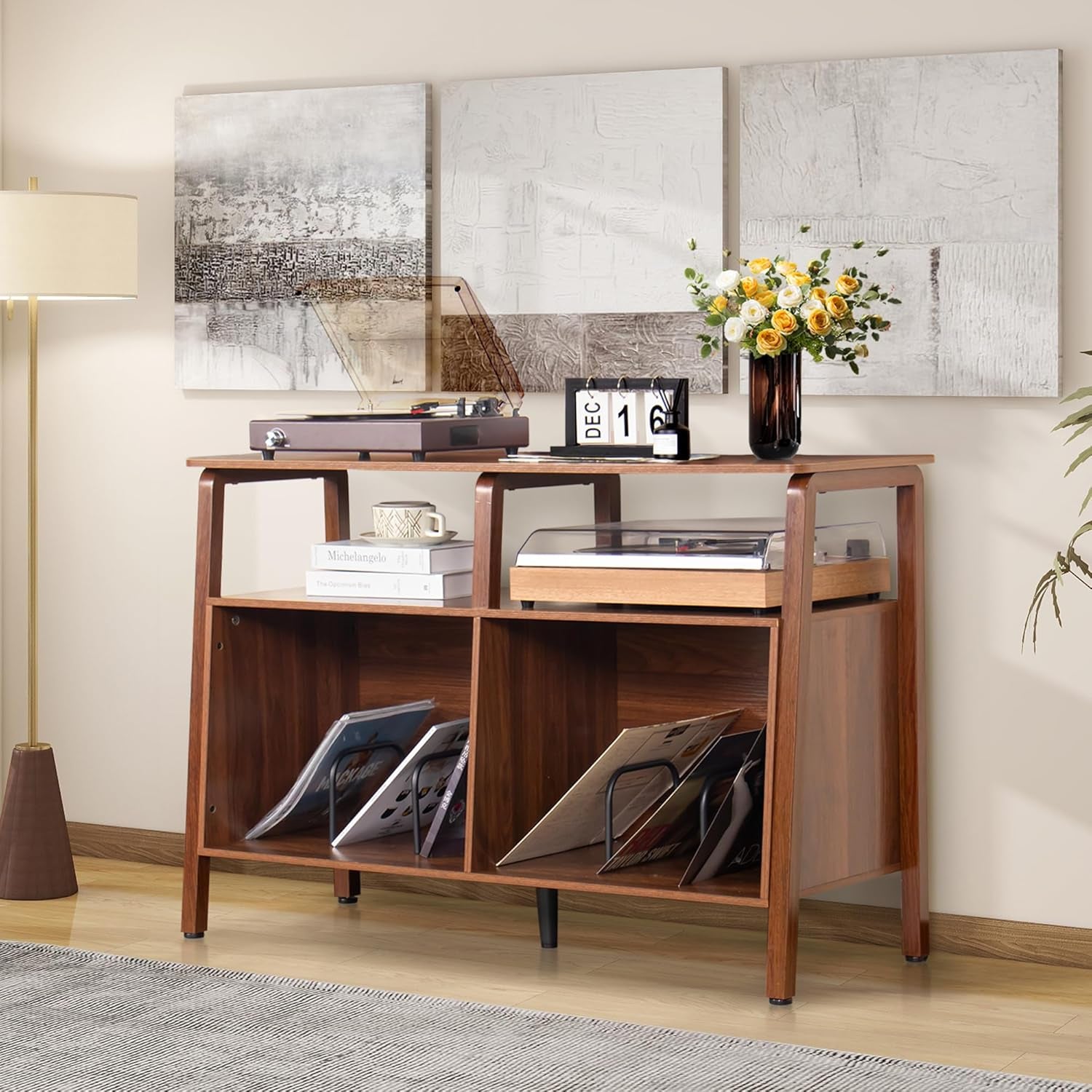 Large Record Player Stand,Mid Century Turntable Stand Table with Open Storage Holds up to 300 Albums,Vinyl Record Storage Display Shelf for Living Room Bedroom (Walnut)