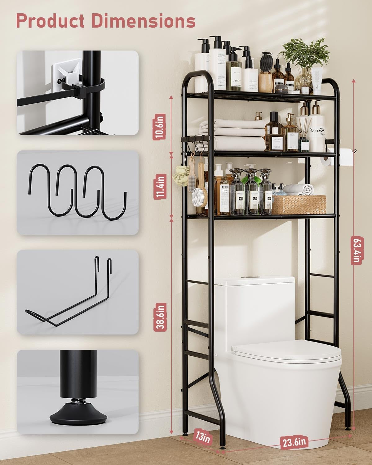Over the Toilet Storage Rack, 3-Tier Metal Bathroom Organizer with Hooks, over the Toilet Storage Cabinet, Space Saver Shelf for Bathroom, Black, 23.6" X 13.0" X 63.4"
