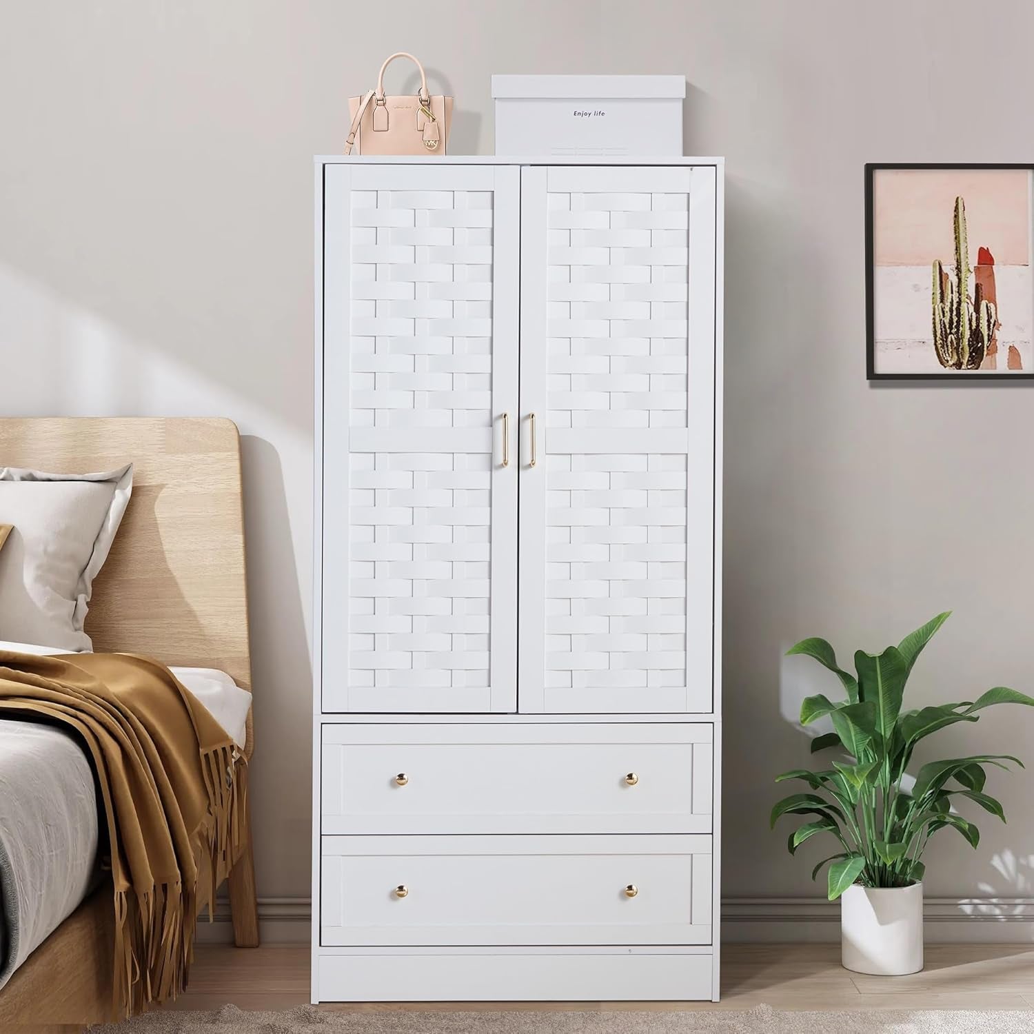 Armoire Wardrobe Closet with 2 Woven Doors, Wardrobe Cabinet with 2 Storage Drawers and Hanging Rail, Freestanding Wooden Closet for Bedroom (White)