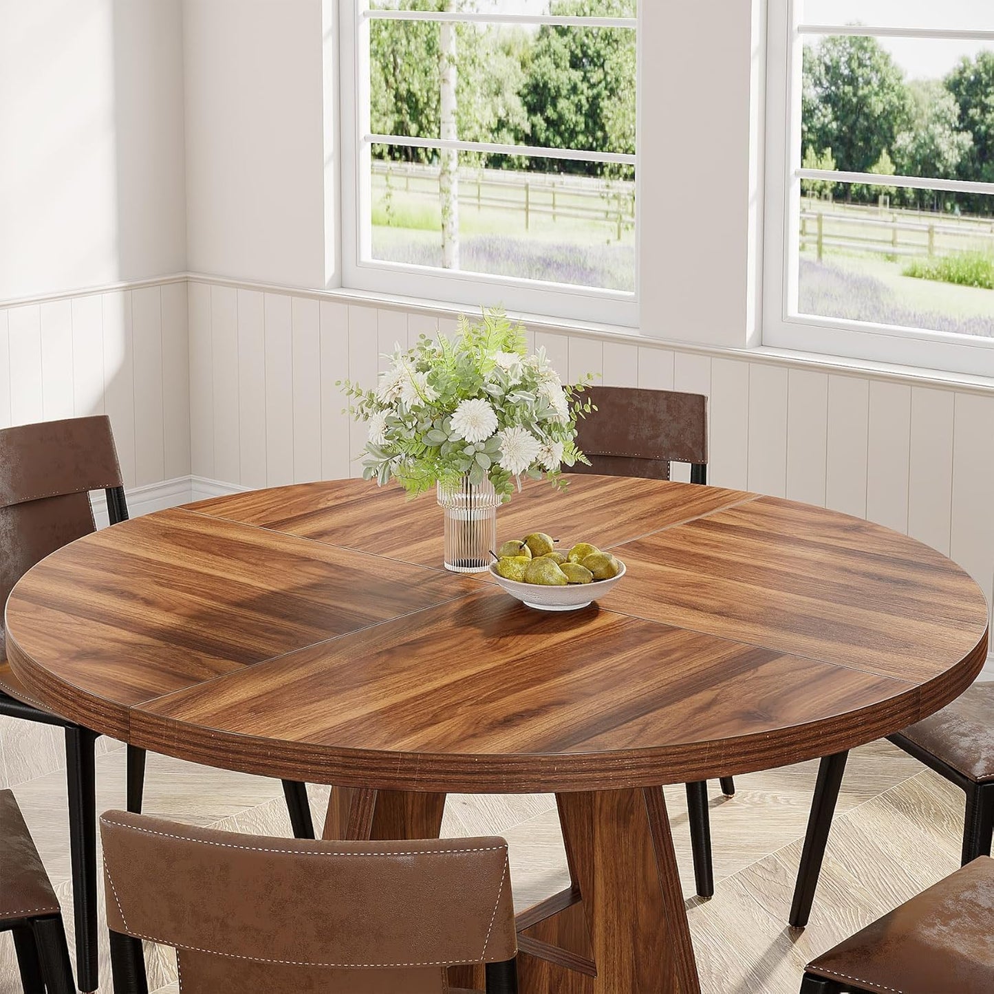 47" Dining Table Farmhouse round Kitchen Table for 4, Rustic Brown Wood Dinner Table with Cross Base for Living Room Dining Room