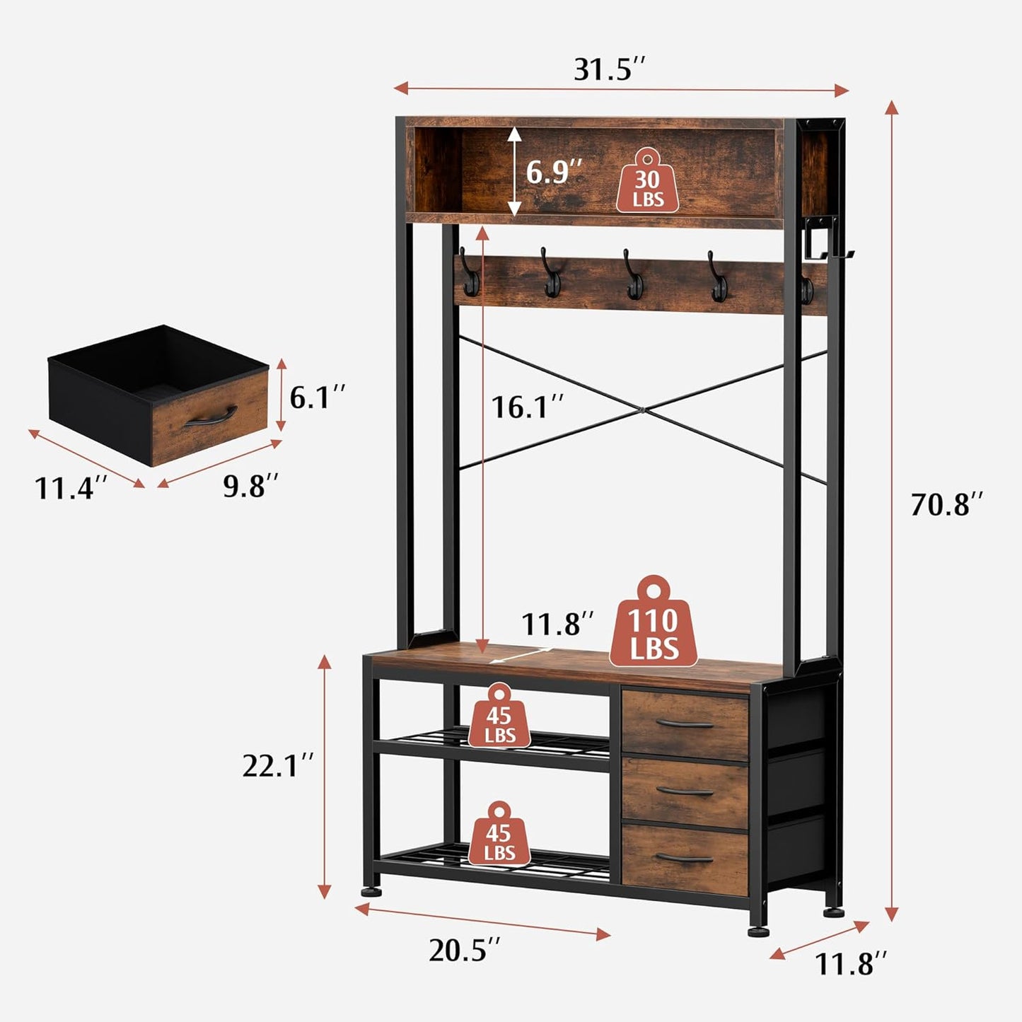 Hall Tree with Bench and Shoe Storage, 31.5" Coat Rack Freestanding with 2-Tier Storage Shelf, 6-In-1 Entryway Bench Coat Rack with 12 Hooks and 3 Drawers(Rustic Brown)
