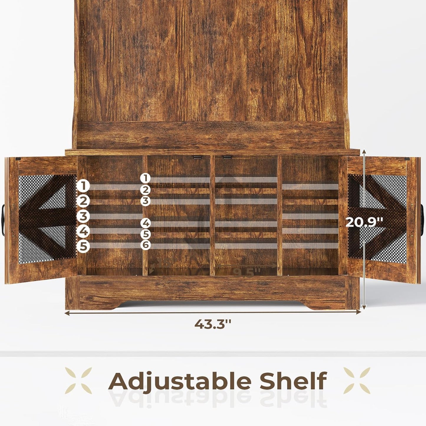 Hall Tree with Bench and Shoe Storage, 5-In-1 Entryway Bench with Coat Rack, 10 Shoe Cubbies & 9 Coat Hooks, Barn Door & Adjustable Shelf (Rustic Brown)