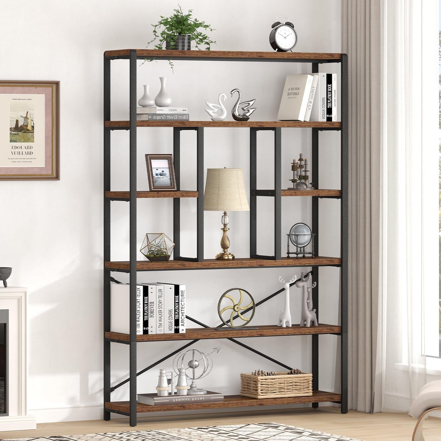 Rustic Bookcases and Book Shelves, Metal Wood 6 Tier Bookshelf and Book Rack Storage, Industrial Vertical Display Etagere Book Case 6 Shelf, Vintage Large Book Shelf for Bedroom Living Room, Brown