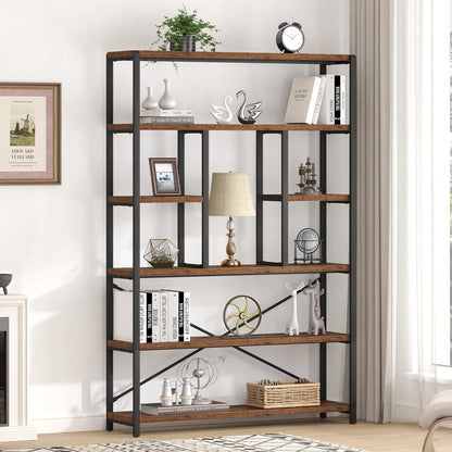 Rustic Bookcases and Book Shelves, Metal Wood 6 Tier Bookshelf and Book Rack Storage, Industrial Vertical Display Etagere Book Case 6 Shelf, Vintage Large Book Shelf for Bedroom Living Room, Brown