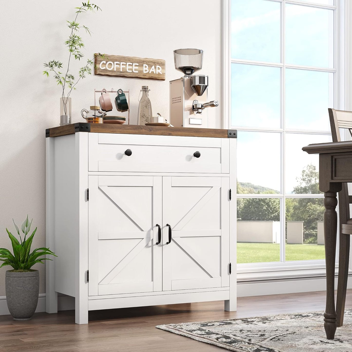 Coffee Bar Cabinet, Kitchen Storage Cabinet, Modern Farmhouse Buffet Sideboard with Drawer and Adjustable Shelf, Barn Door Accent Cabinets for Kitchen, Dining Room, Entryway, White