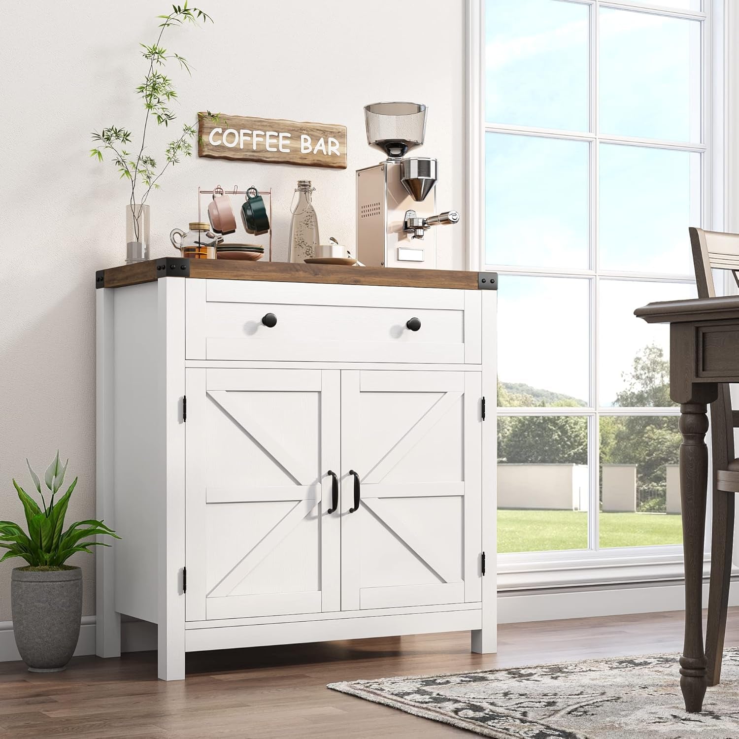 Coffee Bar Cabinet, Kitchen Storage Cabinet, Modern Farmhouse Buffet Sideboard with Drawer and Adjustable Shelf, Barn Door Accent Cabinets for Kitchen, Dining Room, Entryway, White