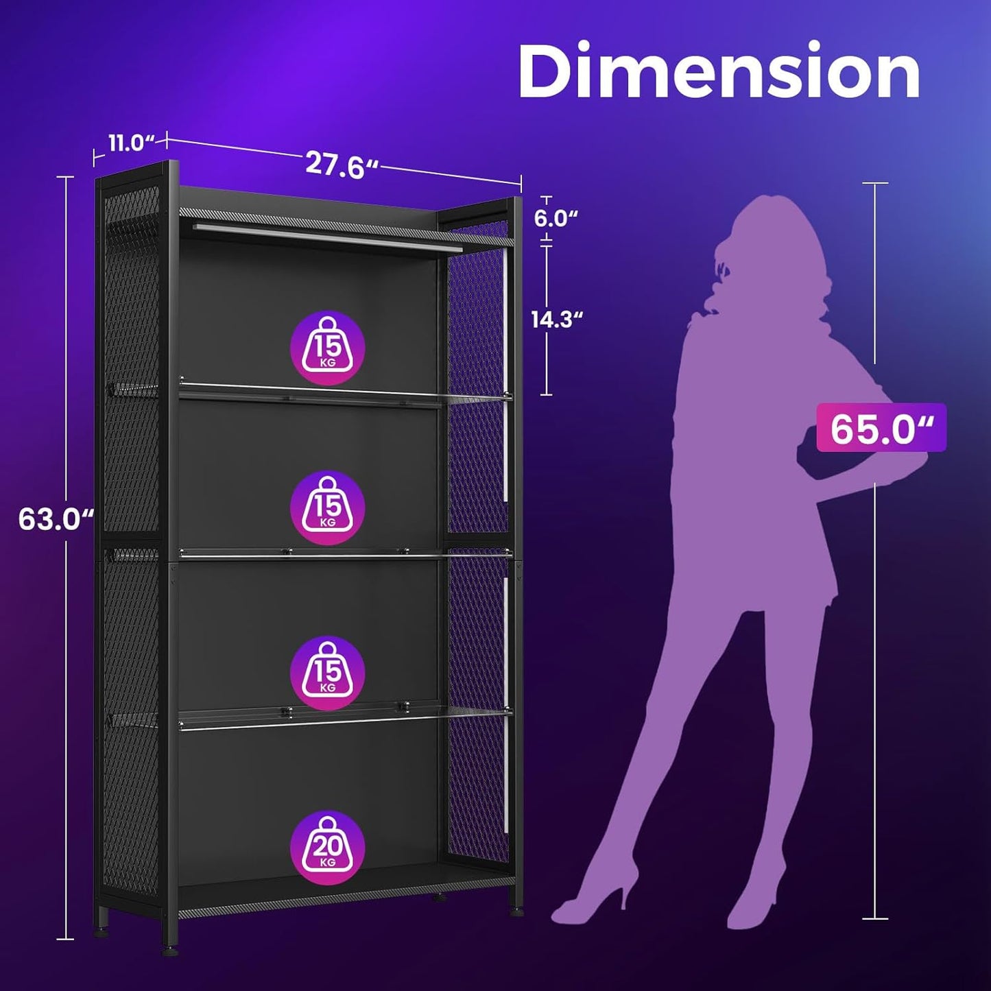 Display Case with LED Lights, Display Cabinet with Glass Storage Shelves and Industrial Metal Mesh, 4-Tier Display Shelf for Collectibles, Curio Cabinet with Open Shelf, Black