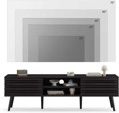 Mid Century Modern TV Stands for up to 70" TV with Storage, Fluted Wood TV Stand for Living Room, Boho Media Console, Entertainment Center with Cable Management