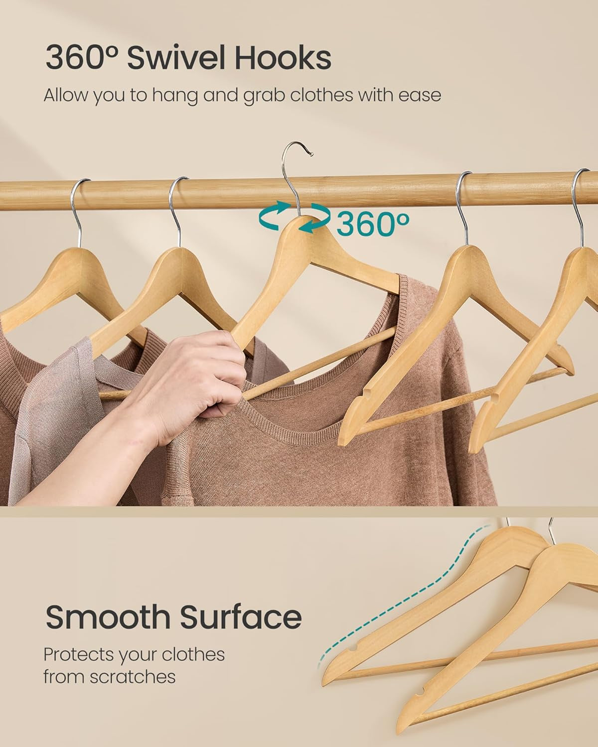 Wooden Hangers, Pack of 30, Coat Hangers, Pants Bar, 360° Swivel Hooks, Solid Birch Wood, Space Saving, for Jackets, Shirts, Coats, Natural Beige UCRW030K01