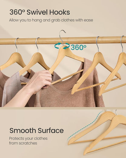 Wooden Hangers, Pack of 30, Coat Hangers, Pants Bar, 360° Swivel Hooks, Solid Birch Wood, Space Saving, for Jackets, Shirts, Coats, Natural Beige UCRW030K01