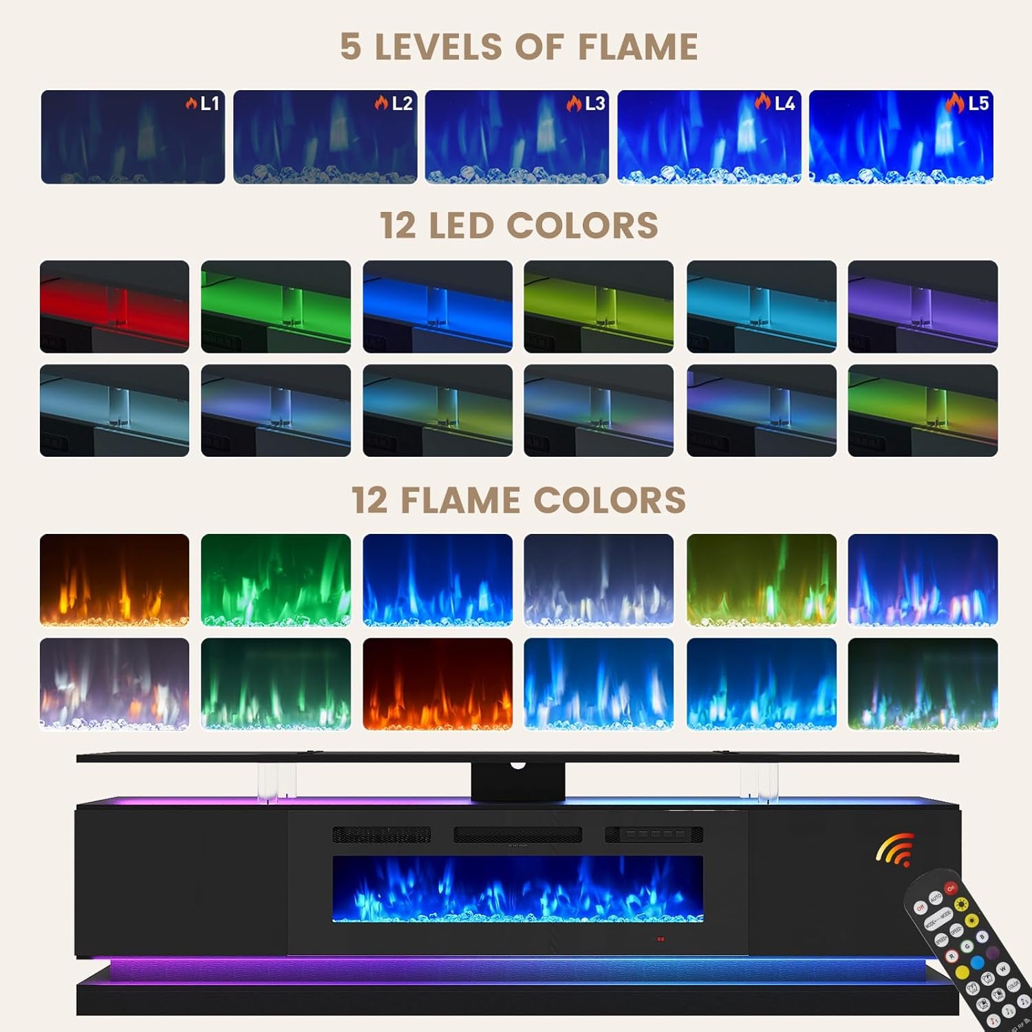 70" Fireplace TV Stand, Modern Entertainment Center for Tvs up to 80”, TV Console with Storage Cabinets, Media Console for Living Room, Black TV Stand and Black Fireplace