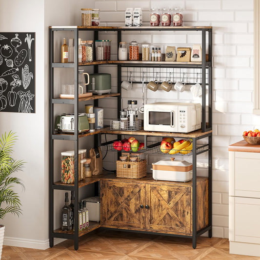 Corner Bakers Rack with Power Outlet, Coffee Bar 6 Tier with Storage Cabinet, Vintage Industrial Microwave Stand with 6 Hooks, Kitchen Shelves with Wire Basket, Rustic Brown