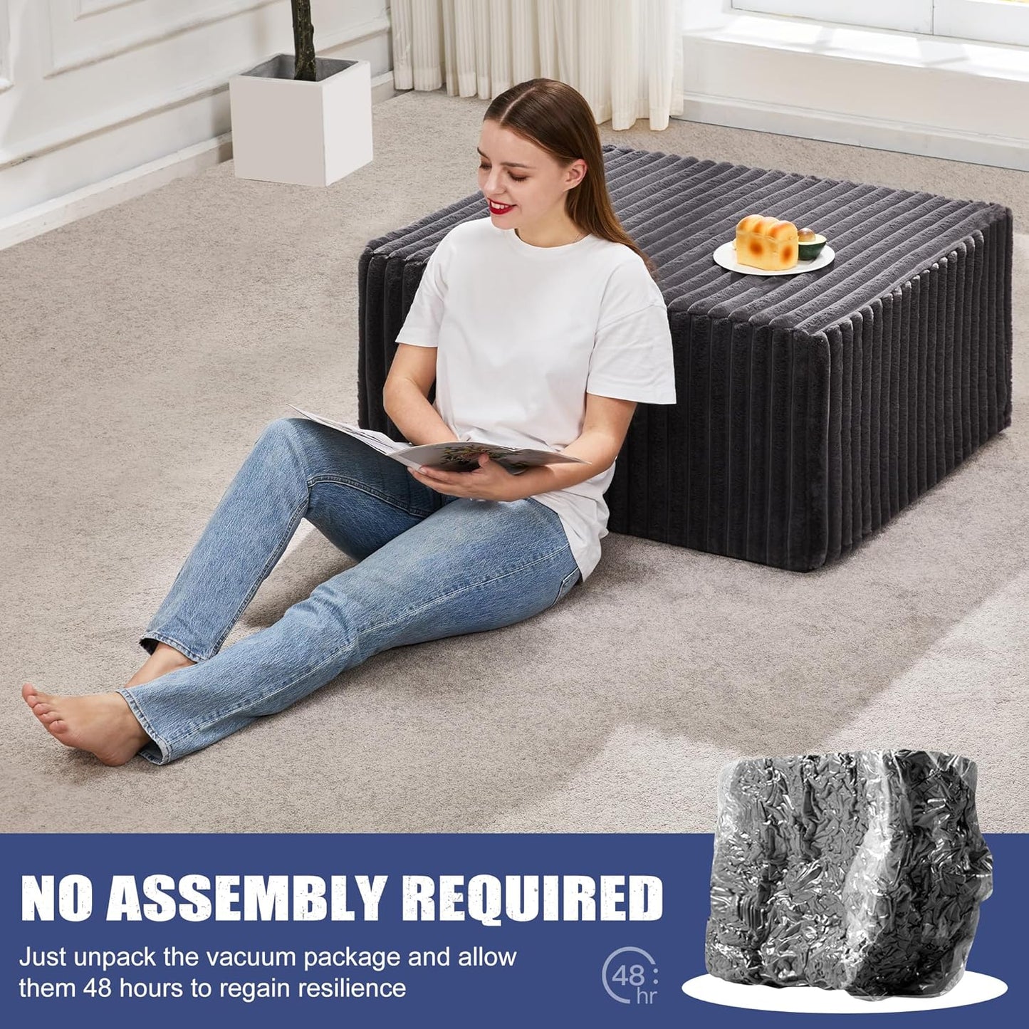 Rectangle Ottoman Memory Foam Footrest for Couch with Removable Cover Large Floor Seating for Adults Ottoman Coffee Table for Living Room, Bedroom or Office (Strip Grey, Footrest)