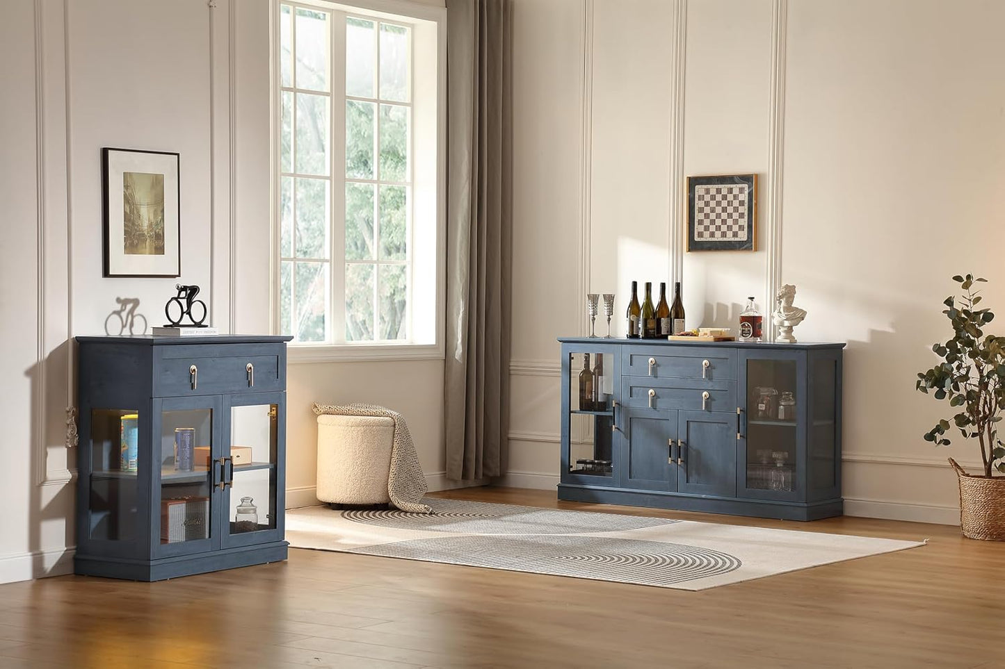 58.2'' Modern Sideboard Buffet Cabinet with Storage, Accent Coffee Bar Cabinet with 2 Glass Doors,Sideboard Credenza with Golden Handles and Adjustable Shelves,Blue