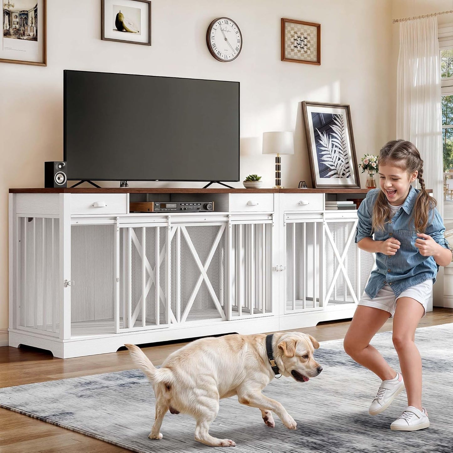 63 Inch Double Dog Crate Furniture for 2 Dogs, Heavy Duty Wooden Dog Crate TV Stand with Charging Station, Dog Kennel Indoor Furniture Double Sliding Barn Door Design Ideal for 2 Dogs, White