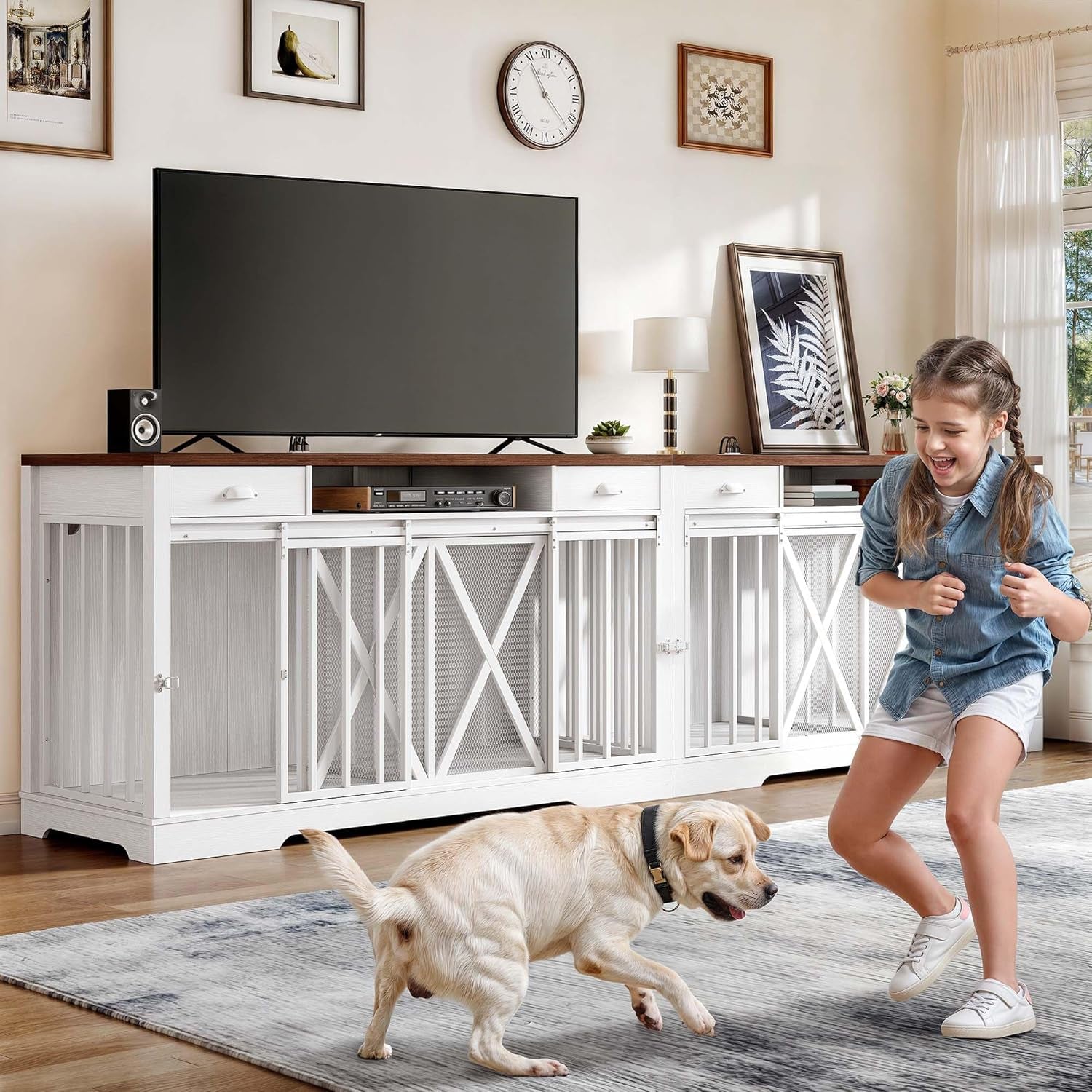 63 Inch Double Dog Crate Furniture for 2 Dogs, Heavy Duty Wooden Dog Crate TV Stand with Charging Station, Dog Kennel Indoor Furniture Double Sliding Barn Door Design Ideal for 2 Dogs, White