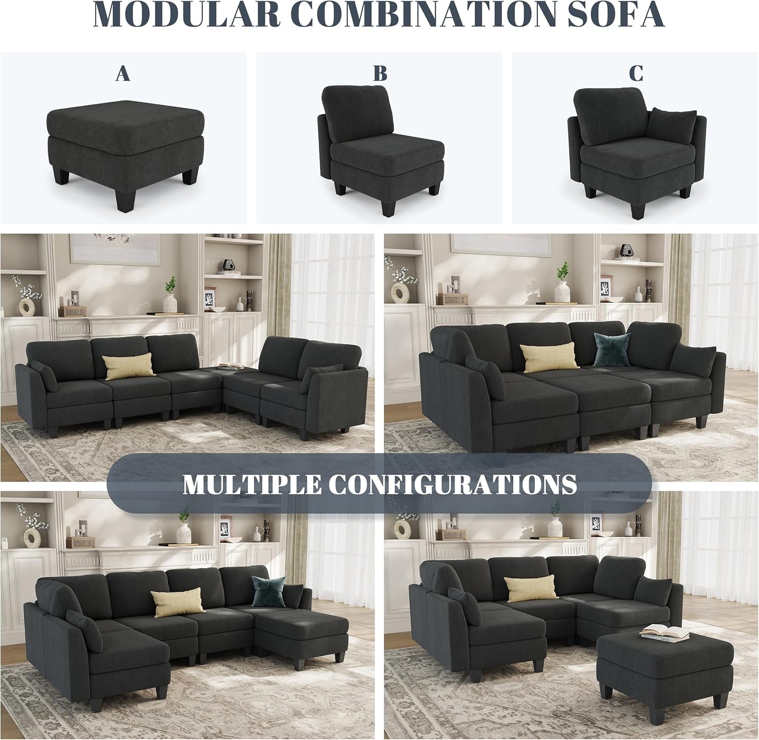 Sectional Sleeper Sofa, 6 Seaters Modular Sleeper Sofa Couch, Comfy Sectionals Couches Bed, Convertible Sofas with Ottomans, Modular Sectional Couches for Living Room, Dark Grey
