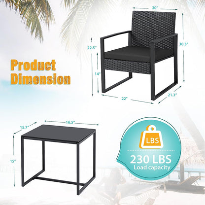 3 Pieces Outdoor Patio Wicker Furniture Set, Modern Rattan Chair Conversation Sets with Coffee Table for Yard and Bistro (Black)
