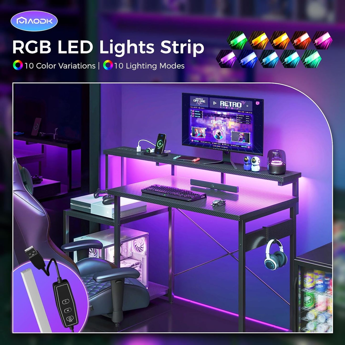 Computer Desk, 48 Inch Gaming Desk with Led Lights & Power Outlet, Office Desk with Storage Shelves, Reversible Desk with Monitor Shelf & Headphone Hook, Carbon Fiber Black