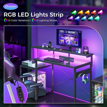 Computer Desk, 48 Inch Gaming Desk with Led Lights & Power Outlet, Office Desk with Storage Shelves, Reversible Desk with Monitor Shelf & Headphone Hook, Carbon Fiber Black