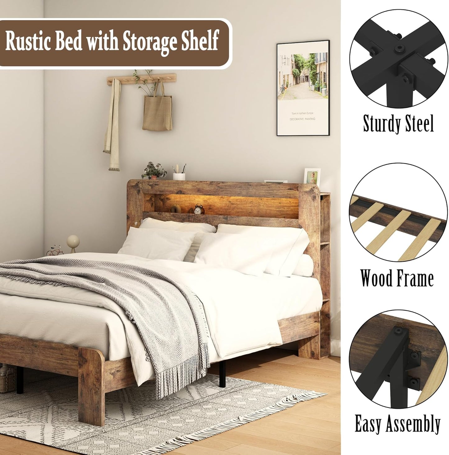 Wooden Bed Frame Queen Size with Storage Headboard, Farmhouse Platform Bedframe with Bookcase Shelf & Led Lights, Sturdy Wood Slat Framework Bed Frame (Rustic Brown)