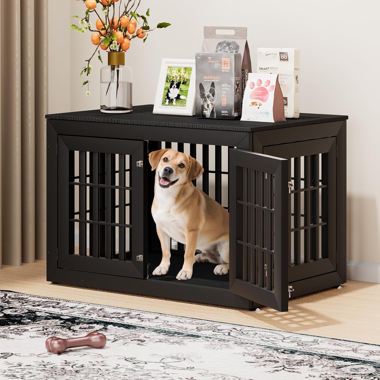 42" Heavy Duty Dog Crate Furniture for Small,Medium and Large Dogs,Rustic Wooden Dog Cage Kennel Indoor Furniture with Waterproof Top,Decorative Pet House Side End Table (Black)