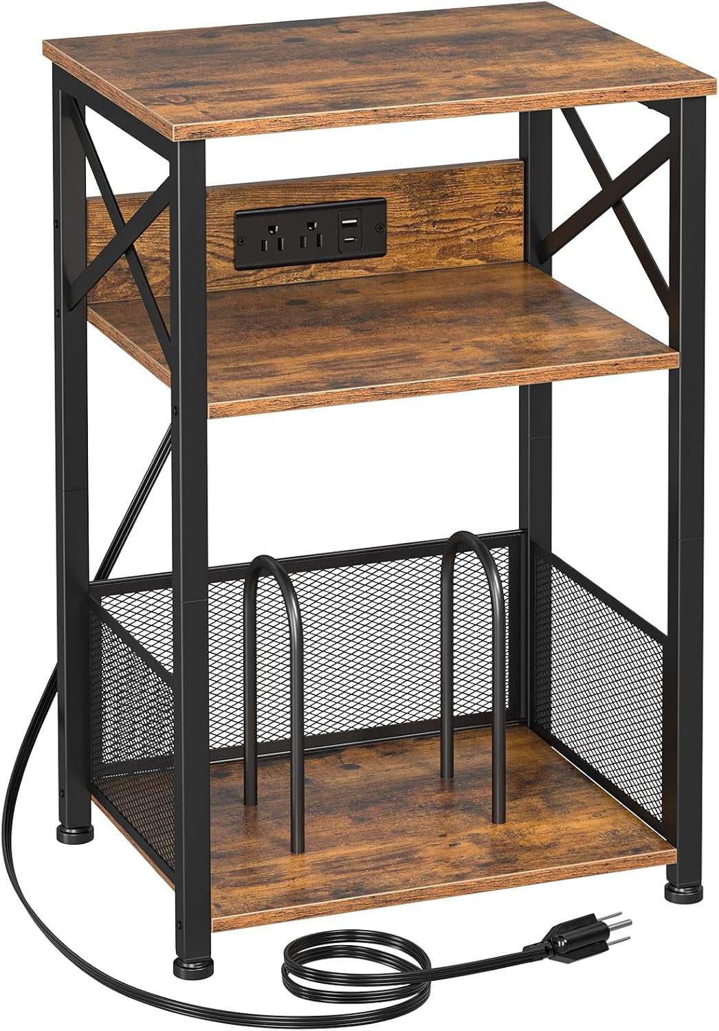 Record Player Stand with Charging Station, Turntable Stand with Storage Cabinet, 3 Tier End Table Hold up to 100 Albums, Record Table for Vinyl, Living Room, Rustic Brown, HETCD01BR-1