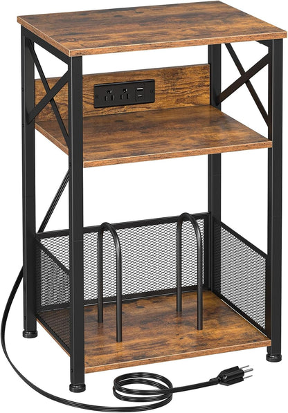 Record Player Stand with Charging Station, Turntable Stand with Storage Cabinet, 3 Tier End Table Hold up to 100 Albums, Record Table for Vinyl, Living Room, Rustic Brown, HETCD01BR-1