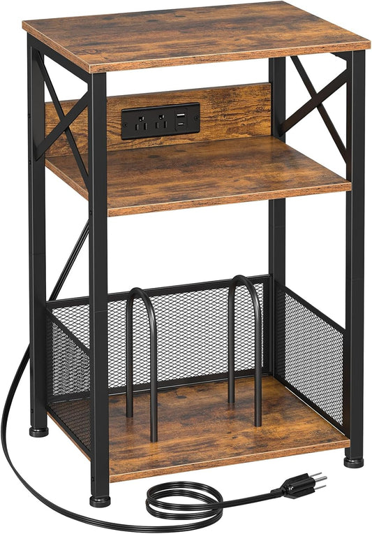 Record Player Stand with Charging Station, Turntable Stand with Storage Cabinet, 3 Tier End Table Hold up to 100 Albums, Record Table for Vinyl, Living Room, Rustic Brown, HETCD01BR-1