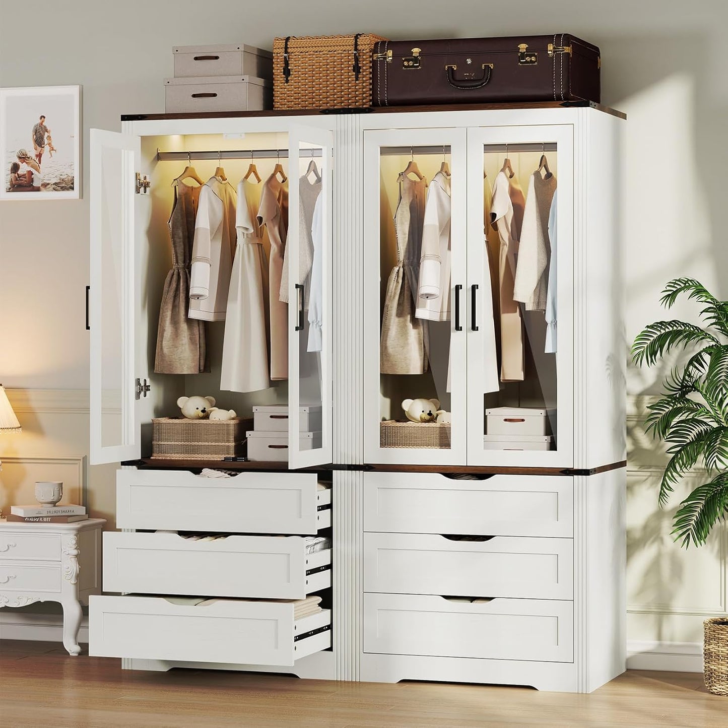 73'' Tall Farmhouse Armoire Wardrobe Closet with LED Light, Wood Wardrobe Closet with 2 Doors 3 Drawers, Freestanding Bedroom Armoire Clothing Storage Cabinet, Antique White