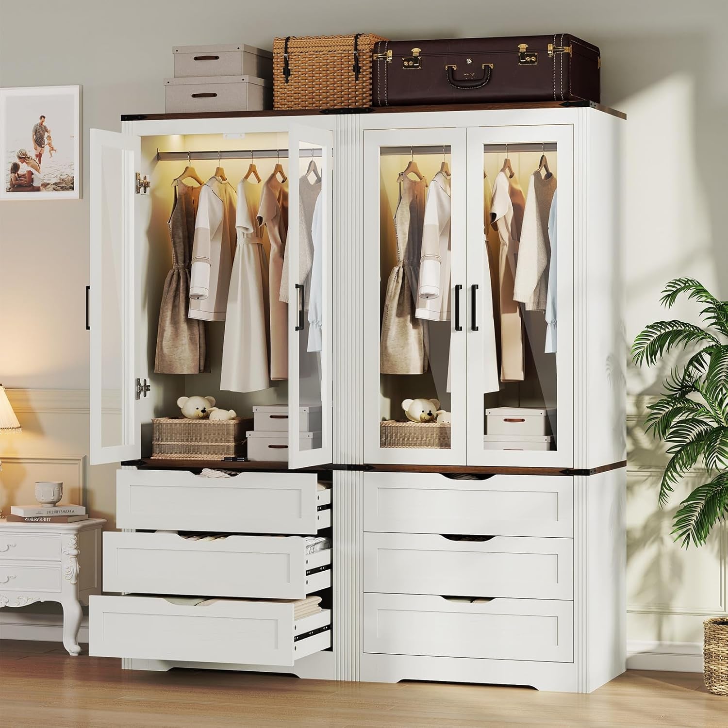 73'' Tall Farmhouse Armoire Wardrobe Closet with LED Light, Wood Wardrobe Closet with 2 Doors 3 Drawers, Freestanding Bedroom Armoire Clothing Storage Cabinet, Antique White