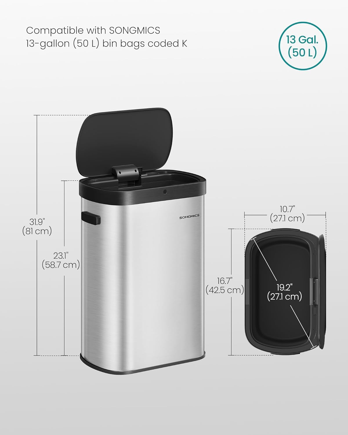 Motion Sensor Trash Can, 13-Gallon (50 L) Automatic Garbage Can with Soft Close Lid, Stainless Steel, Wave or Touch to Open, Includes 15 Bags, Metallic Silver and Ink Black ULTB640E01