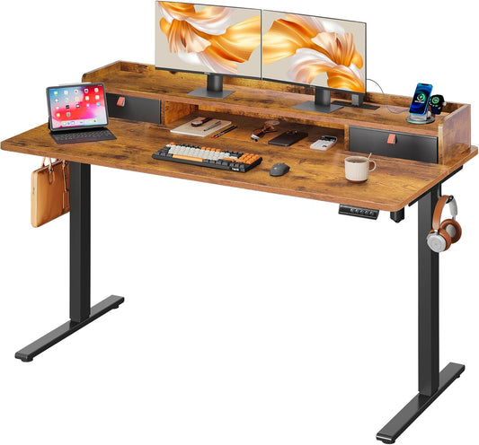 55×28 Inch Electric Standing Desk with Drawers, Computer Desk with 3 Adjustable Height, Storage Shelf, Built-In USB Outlets and Memory Preset, Sit to Stand Desk for Home Office, Rustic Brown