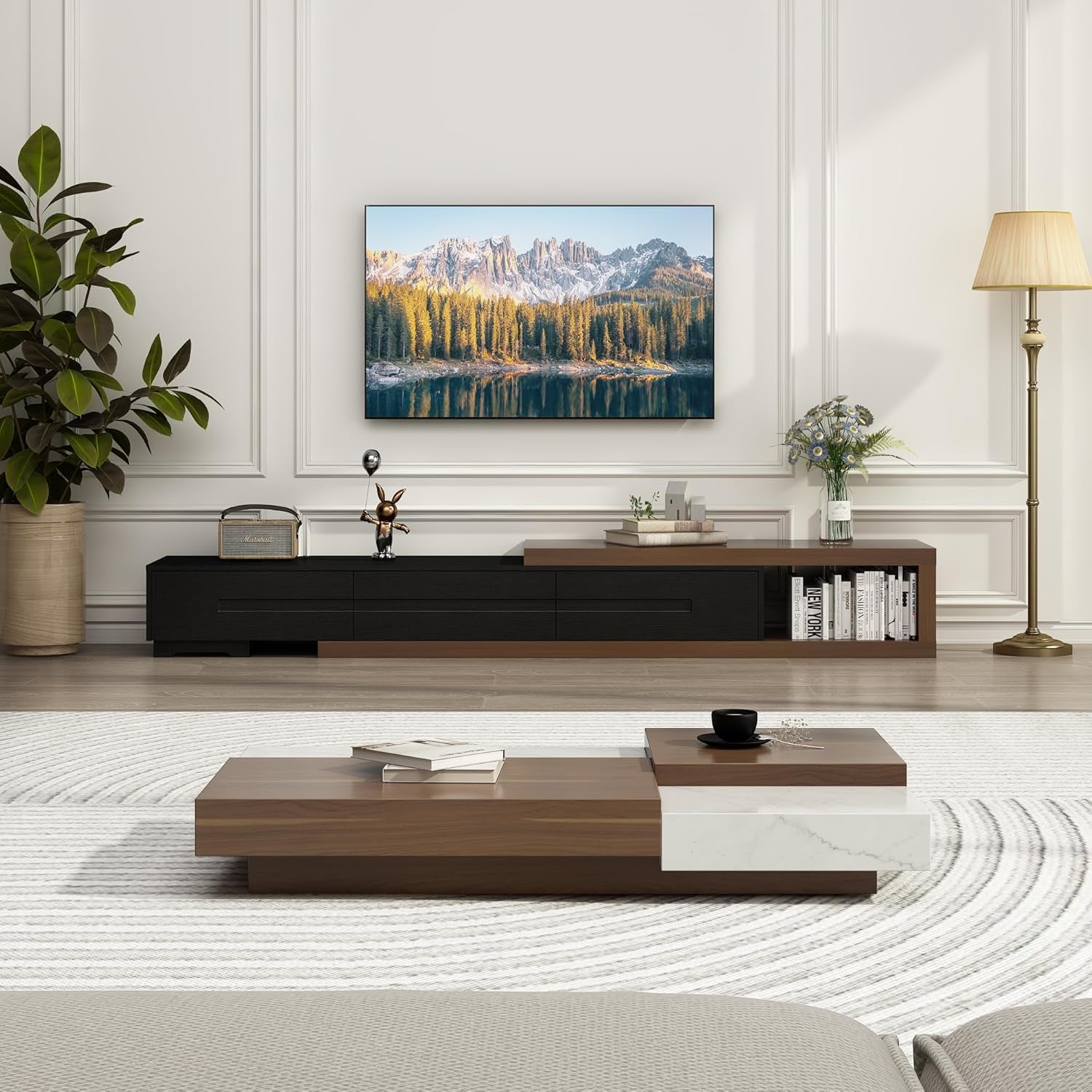 Extendable TV Stand, Modern Entertainment Center for up to 120 Inch TV, Wood Reversible TV Media Console with 3 Drawers for Living Room Bedroom, 82-110"(Black& Walnut)