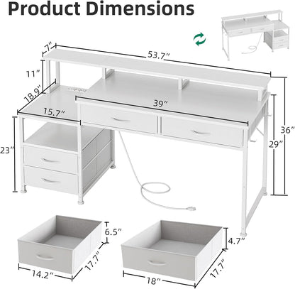 53" Computer Desk with 4 Drawers & Power Outlets, Reversible Home Office Desk with Monitor Stand & Printer Stand, Gaming Desk with Led Lights, Study Writing Work Desk Table for Bedroom (White)