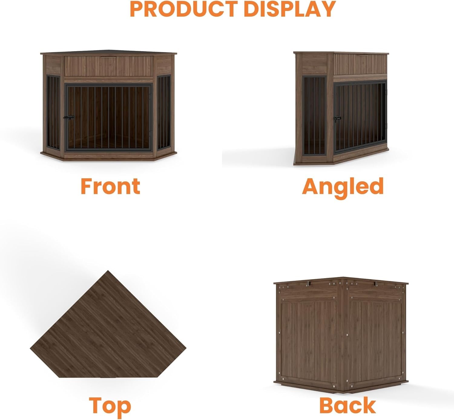 Corner Dog Crate Furniture with Fluted Storage Drawer, 44.6'' Wooden Dog Kennel End Table for TV Stand, Furniture Style, Corner Space-Saving Dog Cage for Small Medium Dog, Walnut