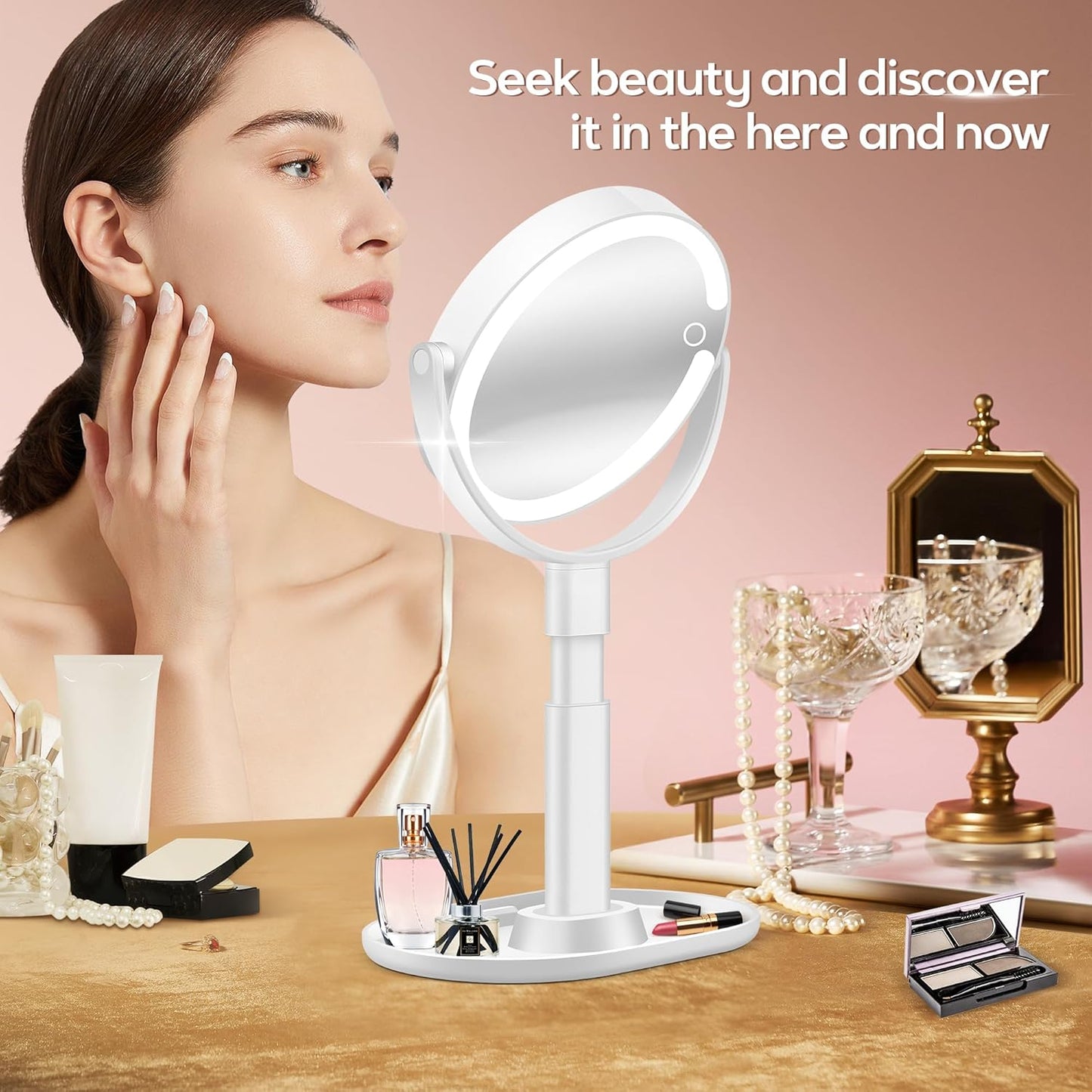 Makeup Mirror with Lights, Lighted Magnifying Mirror 30X with 3 Lighting and Adjustable Brightness, 2-Sided Height Adjustable Vanity Mirror for Bathroom, Gifts for Women White