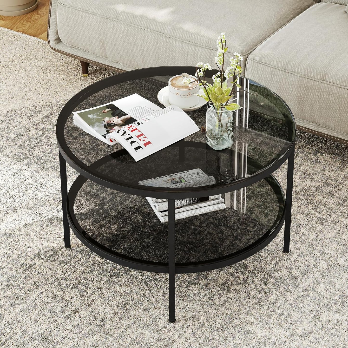 round Glass Coffee Tables for Living Room, 2-Tier Circle Coffee Table with Storage, 26" Modern Center Accent Table with Light Black Glass, Small End Table for Small Space, Bedroom