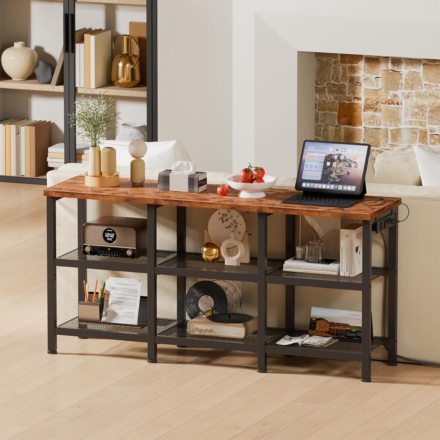 TV Stand with Power Outlets, Small Entertainment Center with Open Storage Shelves, Media Console Center for Tvs up to 50 Inch, Television Stands for Living Room/Bedroom, Rustic Brown