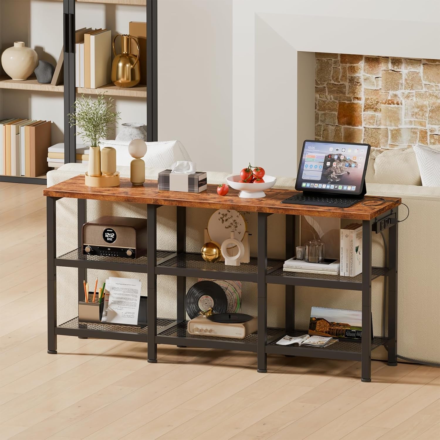 TV Stand with Power Outlets, Small Entertainment Center with Open Storage Shelves, Media Console Center for Tvs up to 50 Inch, Television Stands for Living Room/Bedroom, Rustic Brown