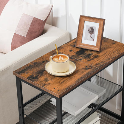 End Table, 3-Tier Narrow Side Table, Nightstand with 2 Flat or Slant Adjustable Shelves for Small Spaces, Hallway, Living Room, Bedroom, Sturdy, Easy Assembly, Rustic Brown and Black BF23BZ01G1