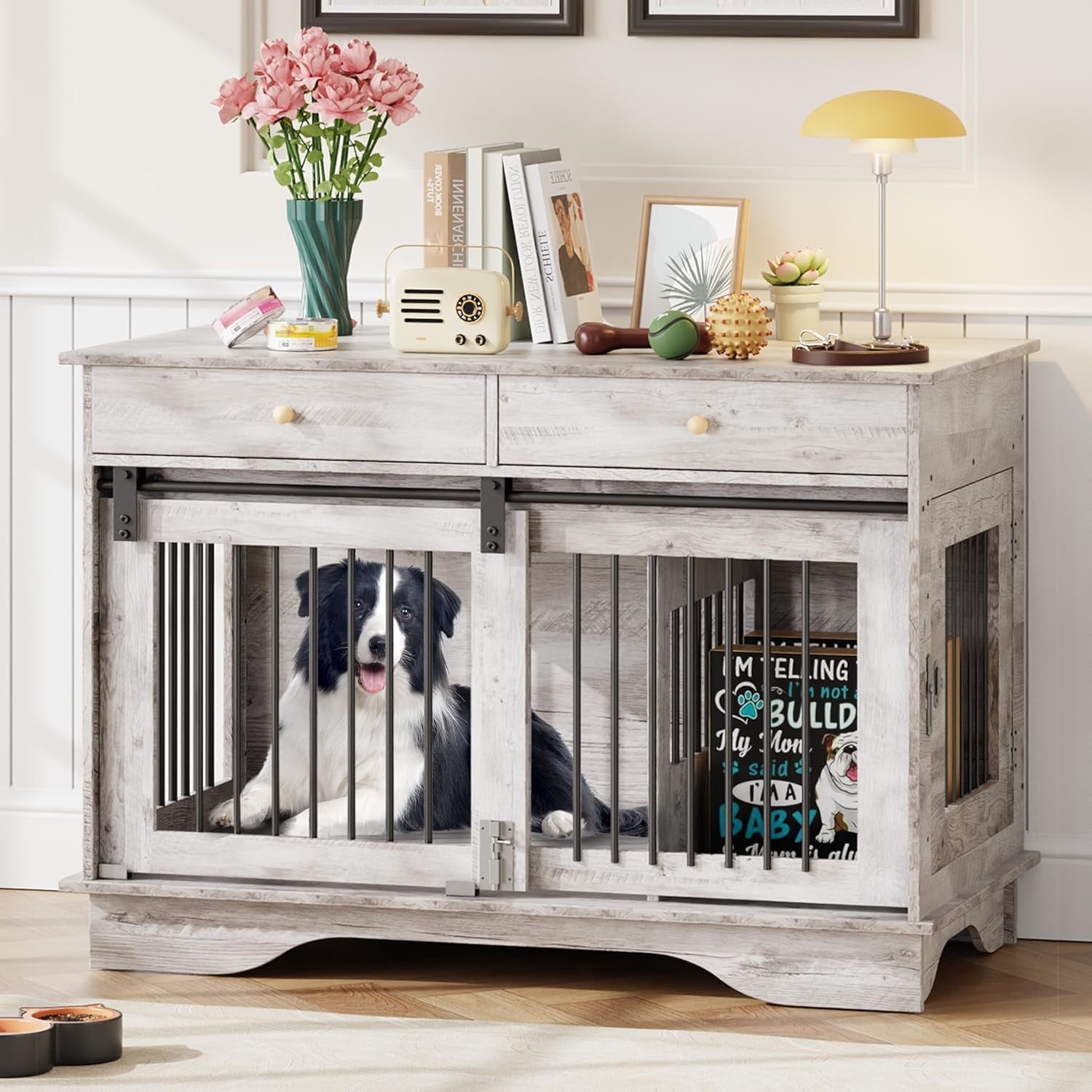 Dog Furniture Crate, 47" Large Dog Crate Furniture W/ 2 Storage Draws & Removable Divider for Large/Medium/Small Dogs (Grey, One Cage)