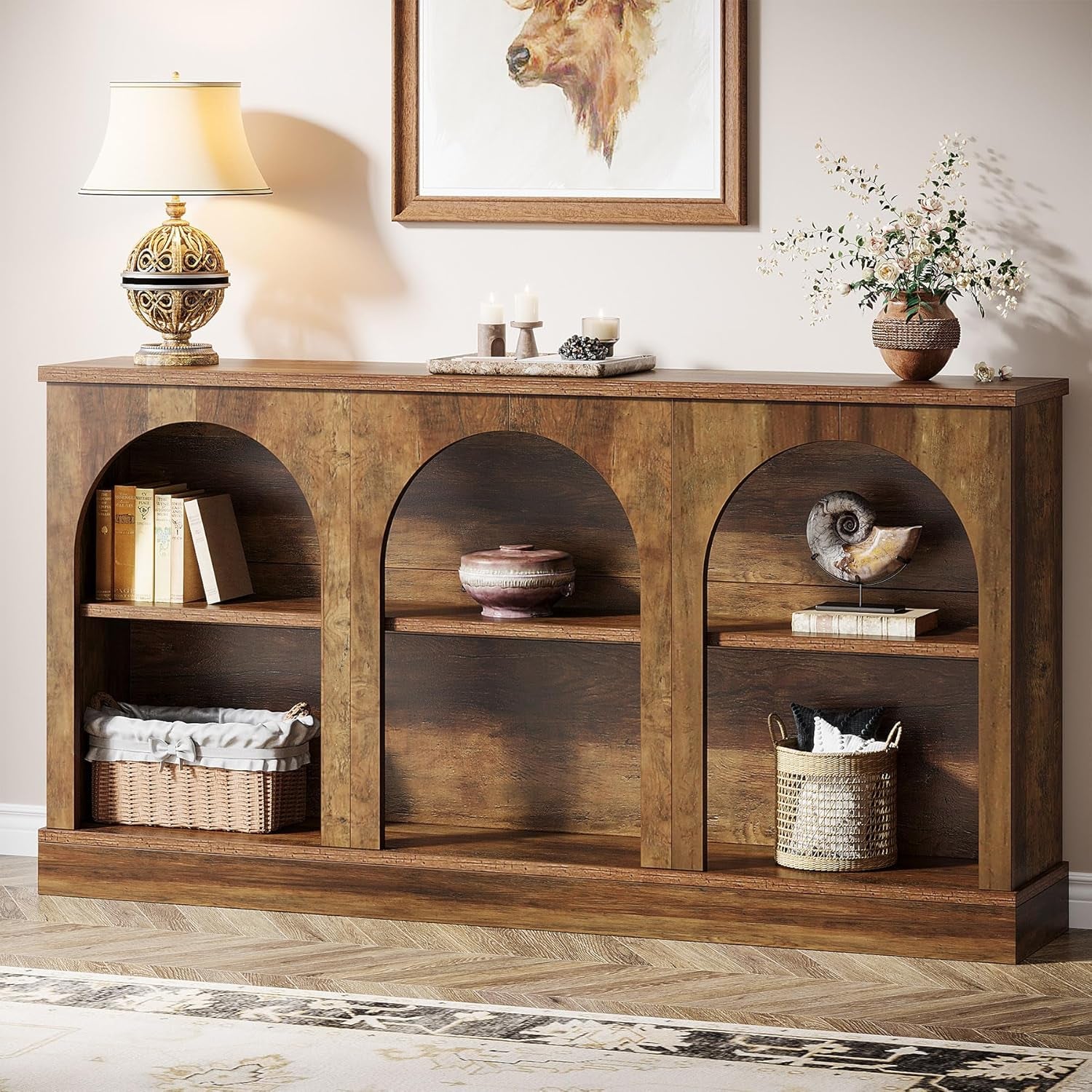 Farmhouse Console Table, 63-Inch Long Entryway Table with 3 Tier Storage, Wooden Rectangular Sofa Table behind the Couch for Entrance, Hallway, Living Room, Brown