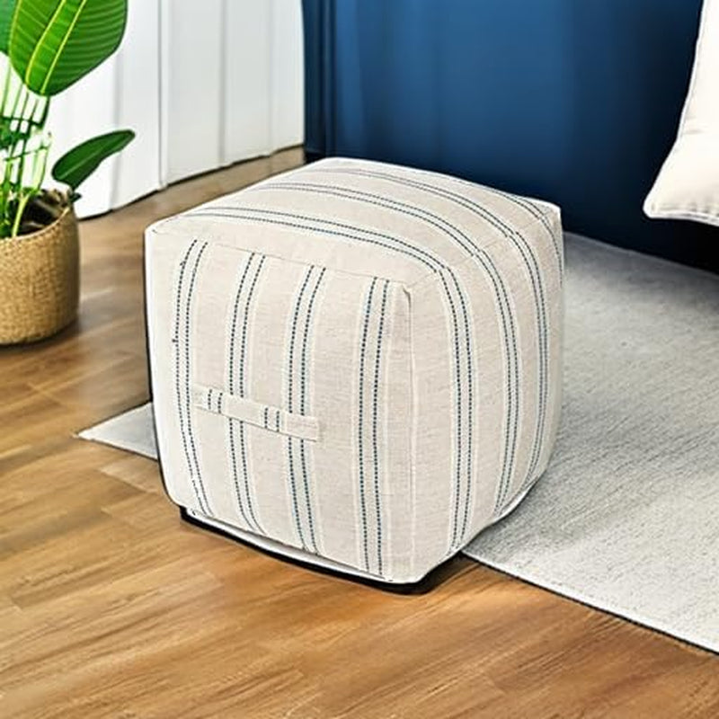 Unstuffed Farmhouse Pouf Cover for Living Room, Boho Storage Bean Bag Cubes, Beige with Navy Blue Stitch Yarn Dyed Stripe Square Ottoman Pouf Foot Rest Footstool, 18"X18"X18", Cover ONLY
