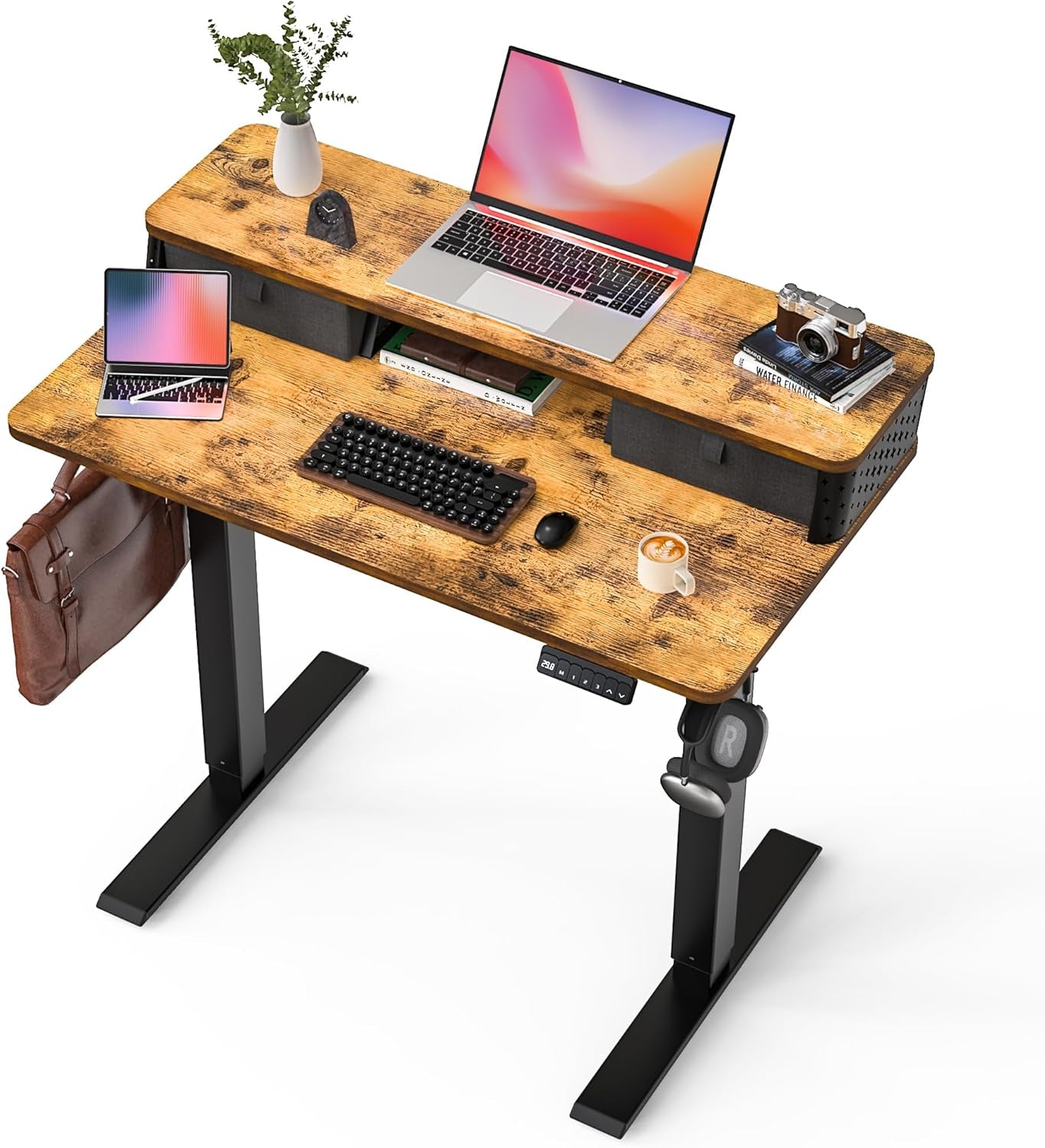 Standing Desk with Drawers,C-Clamp Mount Compatible,35X20 Inch Electric Adjustable Height Computer Small Stand up Desks, Home Office Sit Stand Table with 3 Preset Heights, Rustic Brown