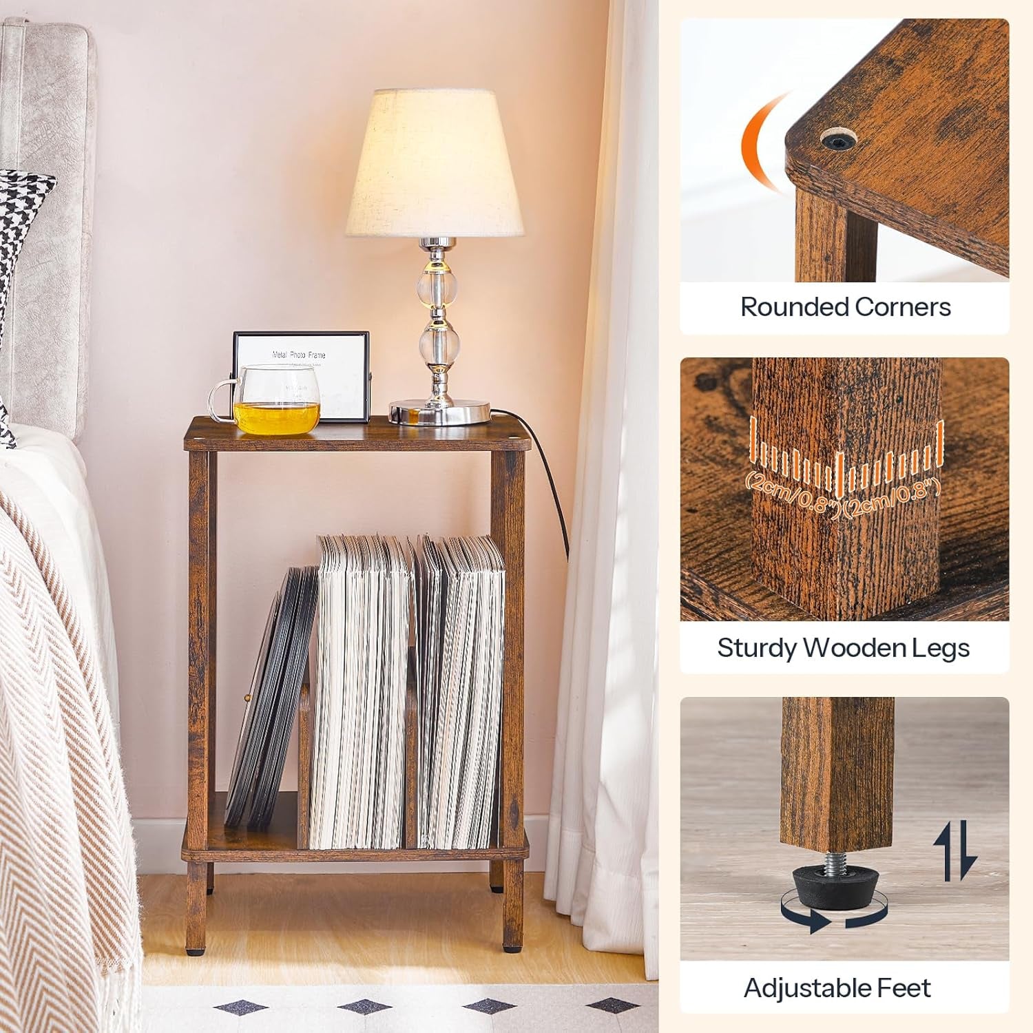 Record Player Stand, 2-Tier End Table, Vinyl Record Turntable Stand with Storage up to 100 Albums, Small Side Table for Living Room, Bedroom, Rustic Brown, FG05RS01