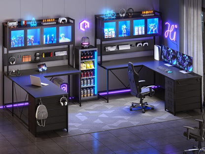 L Shaped Gaming Desk with Drawers, L Shaped Computer Desk with Hutch and Storage Shelves, Gaming Desk with Pegboard, Led Lights, and Power Outlet, Home Office Desk, Corner Desk, Black